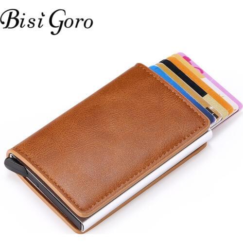 Bisi Goro Anti Rfid Credit Card Holder Case Men Leather Wallet Id Card Holder Bank Aluminium Metal Wallet Credit Card Bag