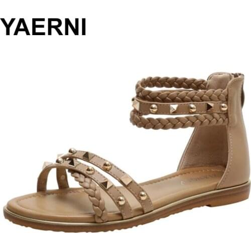 YAERNI Brand Designer Womens Sandals High Quality Gladiator Flat Shoes Ladies Elegant Casual Summer Rivet Footwear for Girl