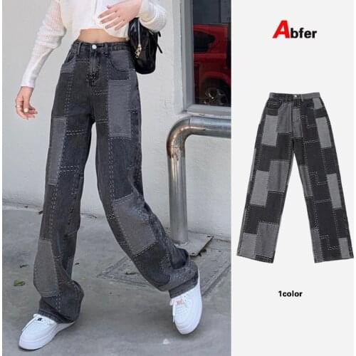 Abfer Plus Size Women Streetwear High Waist Wide Leg Pants Korean Fashion Panelled Baggy Skater Jeans Boyfriend Denim Trousers