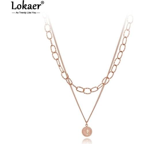 Lokaer Bohemia Stainless Steel Double-layer Choker Necklace Queen Avatar Charm Pendant Chain & Link Jewelry For Women N20049