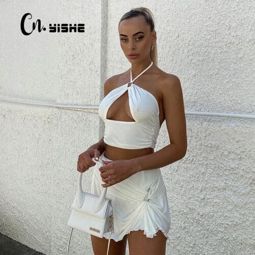 CNYISHE Fashion Cut-Out Black Halter Crop Tops And Mini Skirts Matching Sets Women Two Pieces Sets Suits Rave Festival Tracksuit