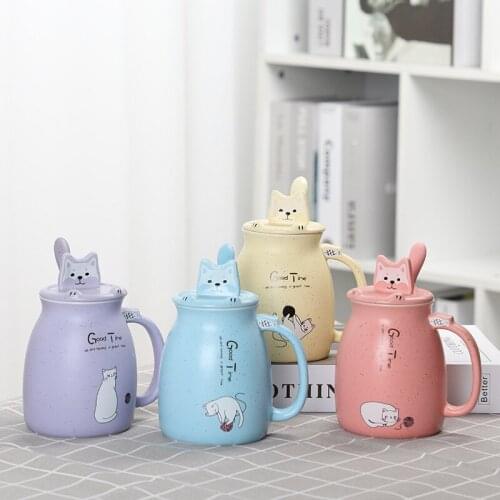 Girls Cartoon Mug Ceramic Spoon with Cover Household Milk Cup with Mobile Phone Bracket Breakfast Cup Water Cup Lovers Cup