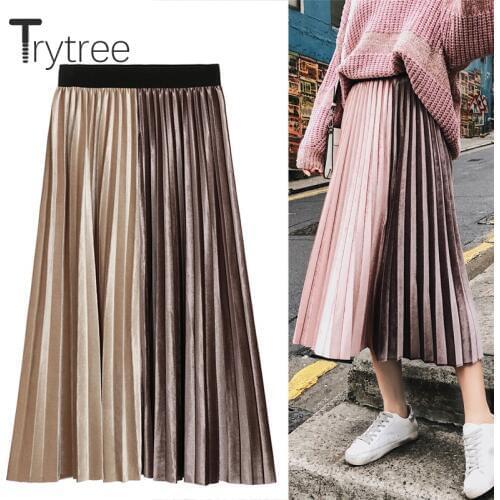Trytree Summer Autumn Pleated Skirt Womens Corduroy High Waist Skirt Shining Corduroy Long Skirts New Fashion Skirt Female