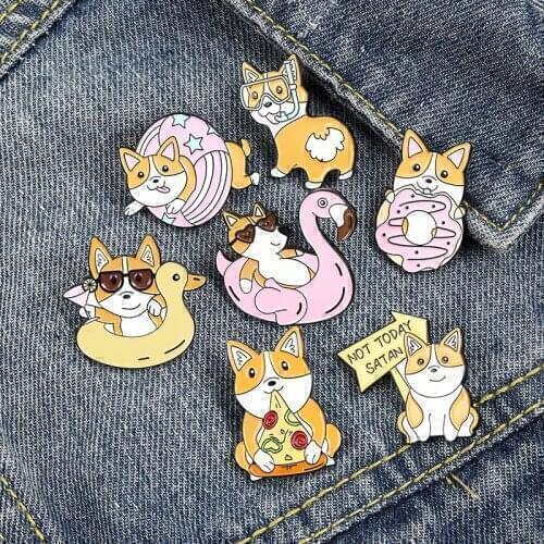 Enamel Pin Korean Cartoon Puppy Brooch for Hat Cute Animal Pins Metal Pizza Donut Brooches for Women on Clothes Backpack Badge
