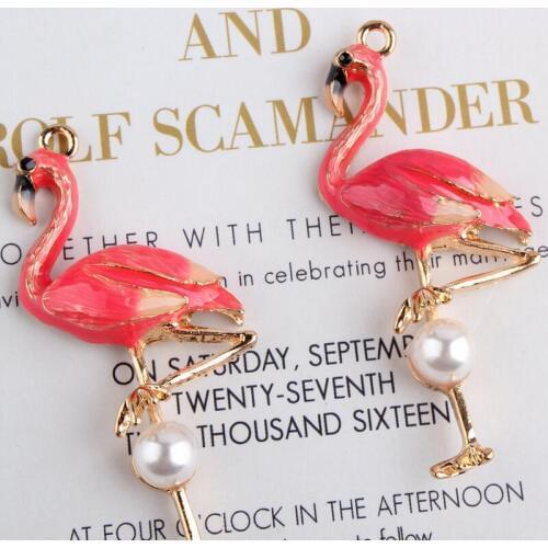 K Golden Drop Oil Alloy Pendant Korea Bracelet Pendant Accessories Semi Stereo Flamingo 5pcs