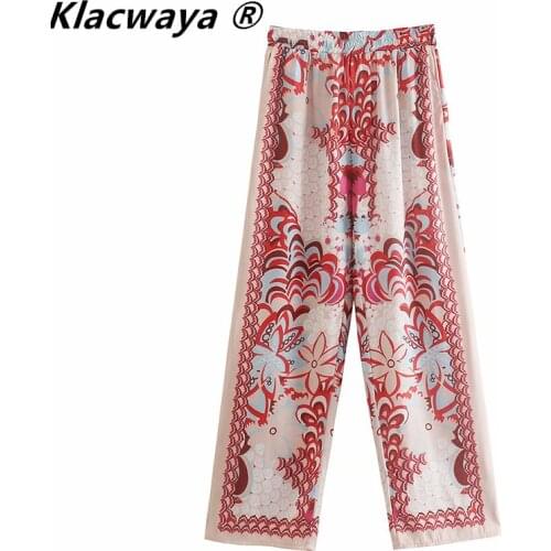 Klacwaya Women 2021 Vintage Totem Floral Print Elastic Waist Casual Wide Leg Pants Retro Female Chic Pocket Summer Long Trousers