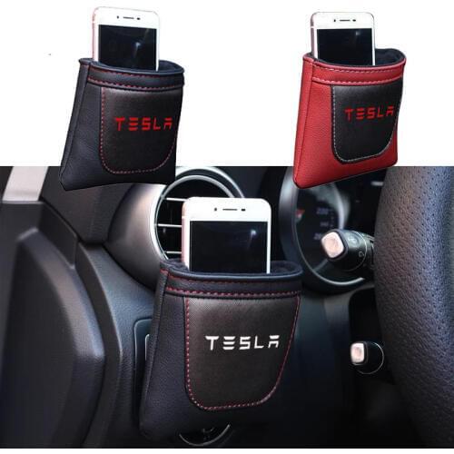 For Tesla Model 3 Model S X Clip on Air Outlet Car Air Vent Stow Tidy Storage Pu Leather Bag Coin Bag Case Car Phone Holder