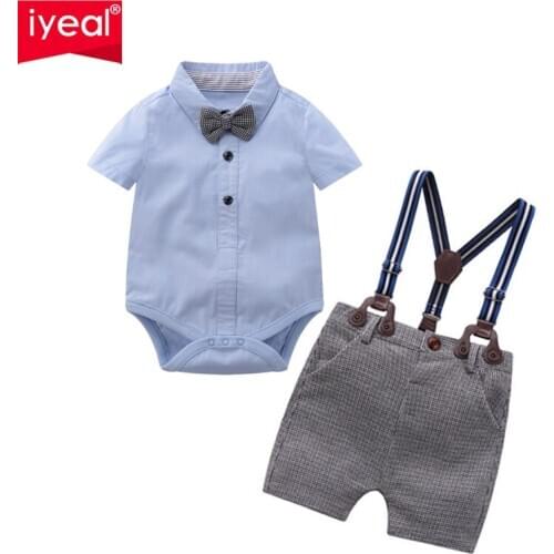 IYEAL Baby Boy Clothing Sets Infants Newborn Boy Clothes Shorts Sleeve Tops+Overalls 2PCS Outfits Summer Bebes Outfits Clothing