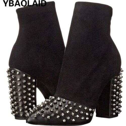 Leather and Suede Metal Rivet Toe Ankle Boots for Fall/winter New Style Side Zipper Rivet Pointed Toe Square Heel Ankle Boots