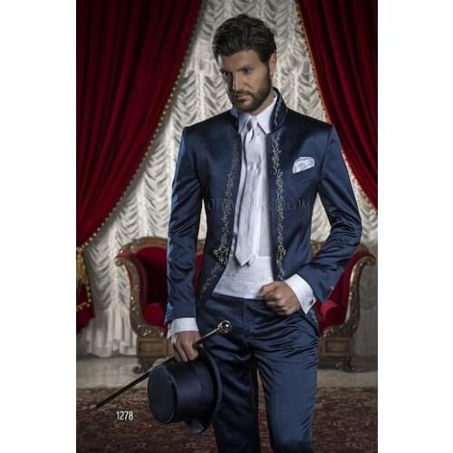 Handsome Groomsmen Embroidery Groom Tuxedos Mens Wedding Dress Man Jacket Blazer Prom Dinner (Jacket+Pants+Tie) A01