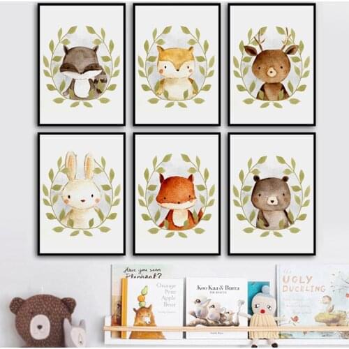 Cute Bear Deer Fox Rabbit Raccoon Nursery Wall Art Canvas Painting Nordic Posters And Prints Wall Pictures Baby Kids Room Decor