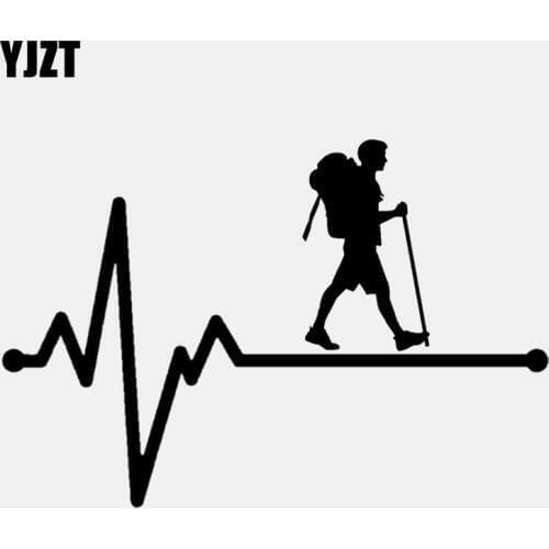 YJZT 15.5CM*10.4CM Hiking Man Lifeline Heartbeat Decal Vinyl Black/Silver Car Sticker C22-1123
