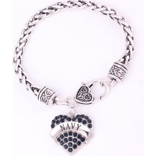 New Arrival rhodium plated studded with sparkling crystal NAVY charm bracelet link chain Lobster-claw-clasps