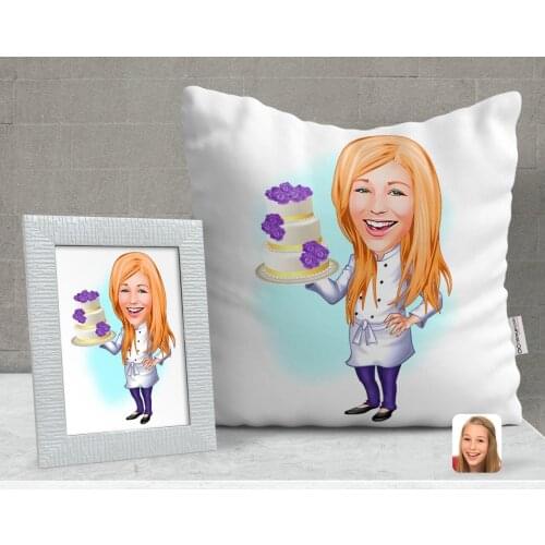 Personalized Female Chef Caricature Of Decorative pillow And Frame Gift Seti-2