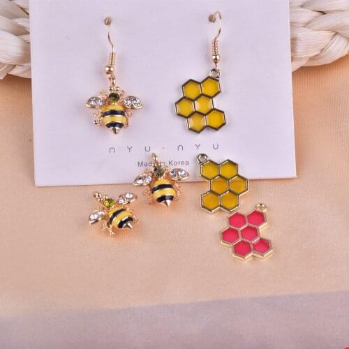 10pcs/pack Bee Honeycomb Enamel Metal Charms Golden Base Earring Bracelet DIY Jewelry Making