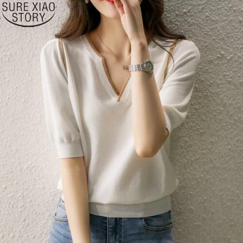 Casual Knit Shirt Women Blouses 2021 Summer Fashion V-neck Short Sleeve Shirt Office Lday Tops Loose Clothes Blusas Mujer 15456
