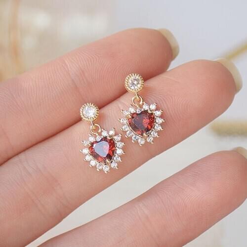 Romantic 14K Real Gold Heart Stud Earrings Japanese&Korea Delicate Jewelry Zircon Red Crystal Earrings