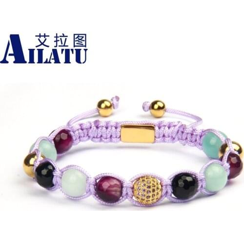 Luxury Mix Natural Stone Beads Gold Color Cz Ball Bracelet Couples Jewelry Stainless Steel Logo Printing Drop Shipping Bangle