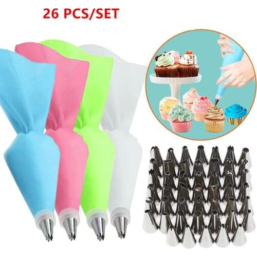 New 26Pcs/Set Silicone Pastry Bag Tips Kitchen Cake Icing Piping Cream Cake Decorating Tools Reusable Pastry Bags+24 Nozzle Set