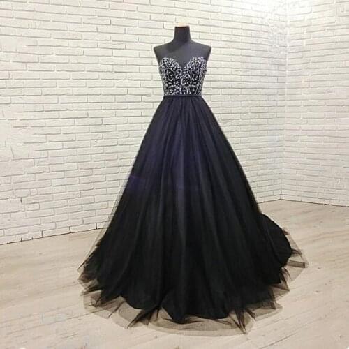 Sexy Black Beading With Train Prom Dresses Long Sweetheart Tulle Evening Dress 2020 Women Formal Party Night Vestidos