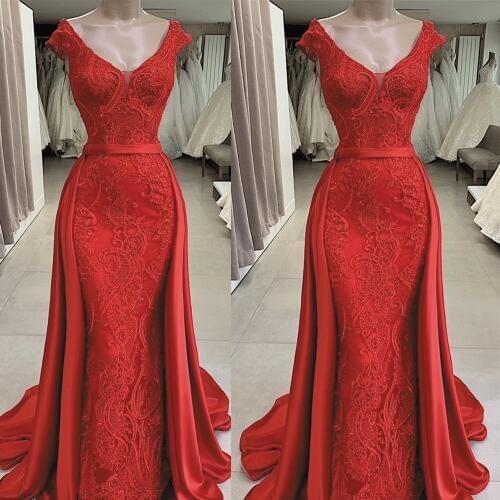 SuperKimJo Vestido De Festa Cap Sleeve Red Evening Dresses Long Lace Applique Detachable Skirt Elegant Cheap Evening Gowns