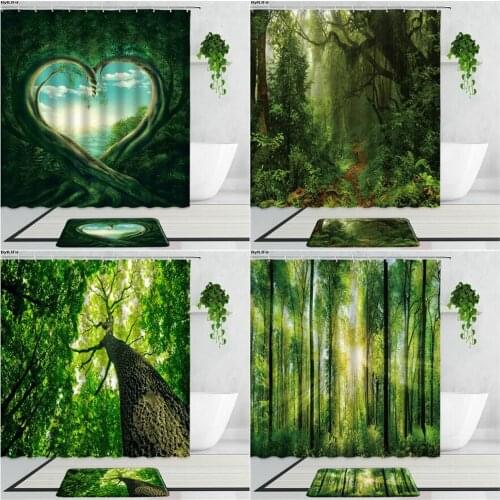 Green Forest Scenery Shower Curtains Summer Jungle Plant Leaf Sunshine 3D Printed Bathroom Curtain Set Non-Slip Bath Mats Carpet