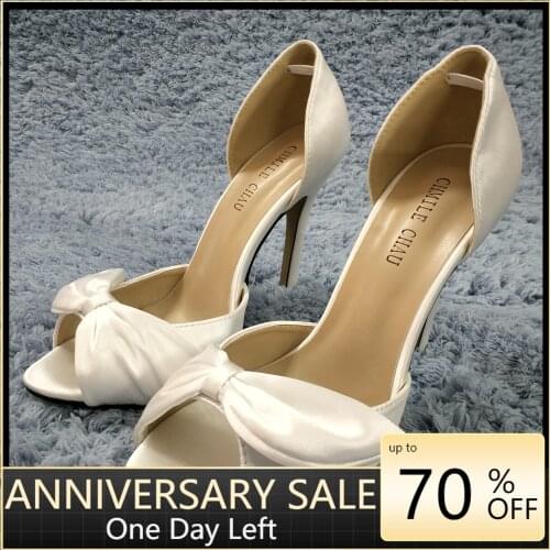 Women Stiletto Thin High Heel Sandals Sexy Peep Toe Ivory Satin Bowing Wedding Party Bridals Ball Lady Shoes 0640C-L