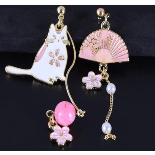 Women Silver Plated Fashion Style Asymmetry Cat Shaped fan Floral Decor Ear Stud Long Earrings Accessory Jewelry Gift