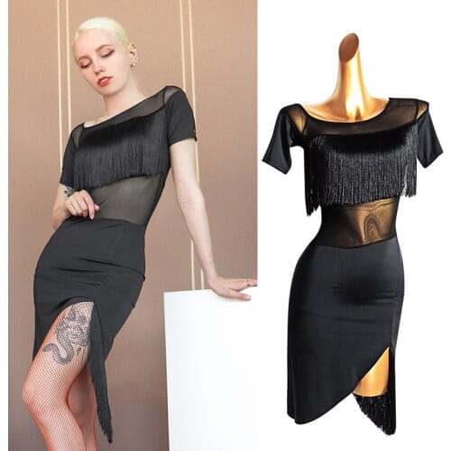 Sexy Latin Dance Dress Women New Rumba Dress Dance 2019 Black Fringe Skirt Girls Party Red Latin Dance Performance DresS BL2273