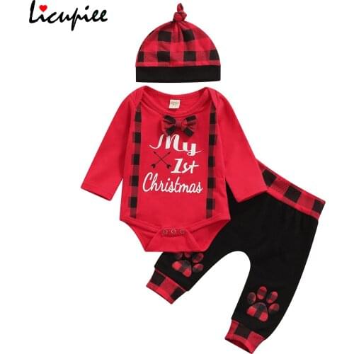 0-18 Months 3 Pcs Letter Newborn Baby Boys Clothes Fashion Christmas Print Long Sleeve Romper Trousers with Hat