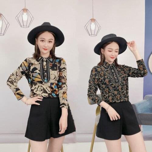 8802 Fashion Elegant Women Floral Printed T-Shirts Middle-Aged Diamond Beading Mature Style Tops Long Sleeve Lapel Loose Tees