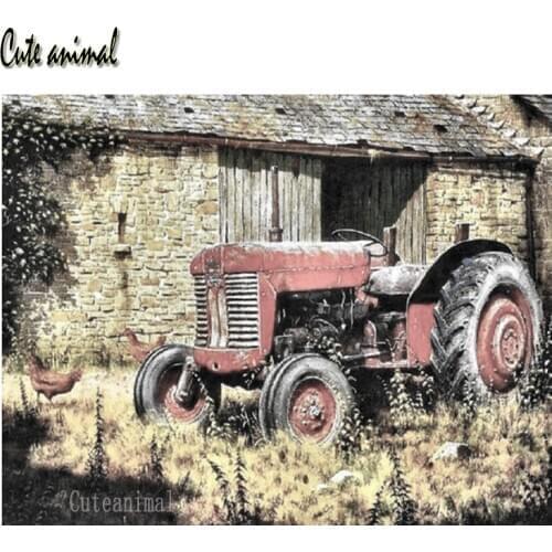 Full Square Round drill Diamond Painting Tractor Houses Retro Art 5D DIY Diamond Embroidery Rhinestones Mosaic Puzzle Decoration