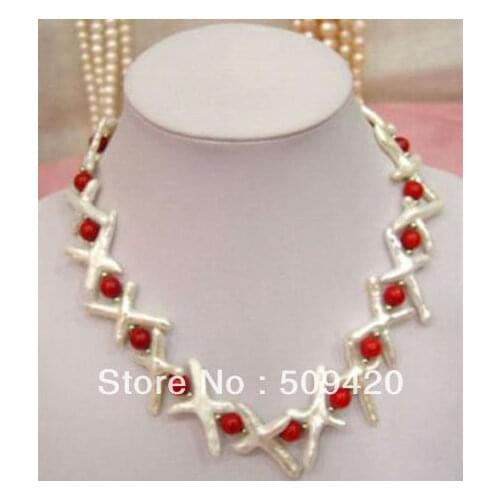 Free shipping ~~ >>Fashion 18" White Cross Pearl & Red Coral Necklace