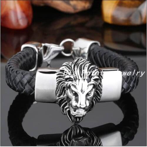 Free Shipping Silver Color Stainless Steel Lion Skull With Black Genuine Leather Bracelet Bangle For Men Boy,Best Quality
