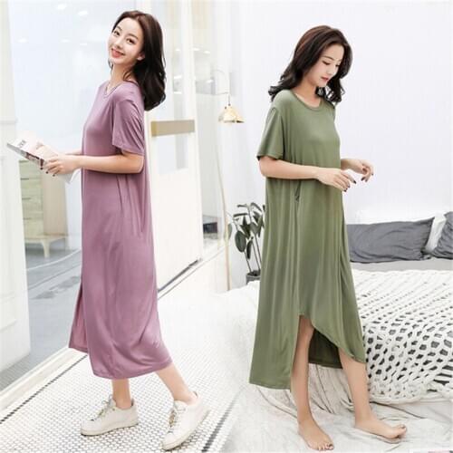 Bottoming long pijama night skirt summer sexy nightware modal short-sleeved dress large size female solid color soft Sleepwear