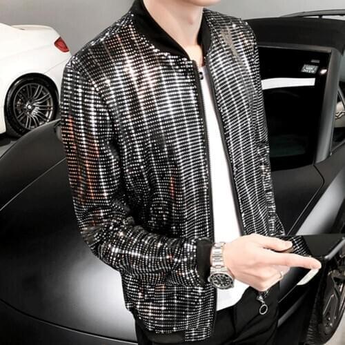 Men Shiny Sequins Long Sleeve Zip Pocket Nightclub Singer Jacket Slim Type Coat