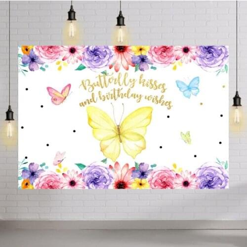 Happy Birthday Backdrop Flowers Butterfly Backgrounds for Party Kids Boy Girl Princess Cake Table Banner Spring Photo Booth Prop