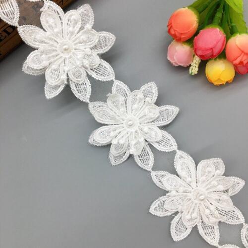 1 Yd White Lotus Pearl Lace Trim Embroidered Flowers Trimmings Ribbon 3-Layer Wedding Dress Child Clothing Applique Sewing Craft