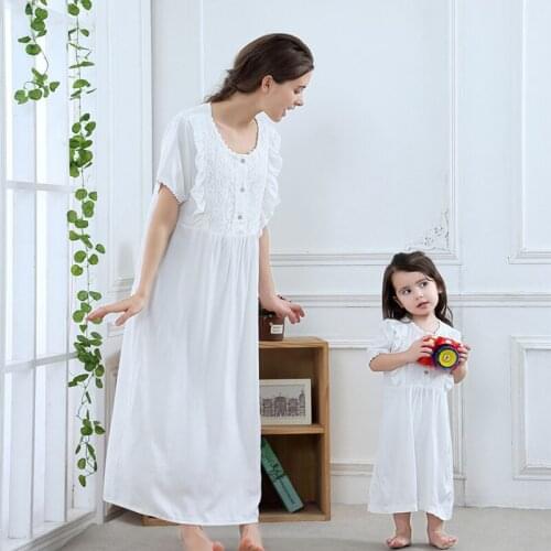 Summer Short-Sleeved Pure Cotton Dress For Girls Parent-Child Lace French Princess Nightgown Children Nightdress Casual Homewear