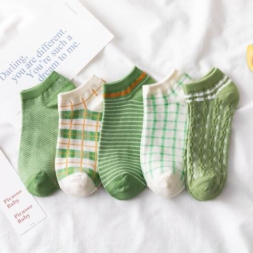 Summer new style Japanese sox matcha green cute short socks cotton casual plaid stripes avocado shallow mouth fresh boat socks
