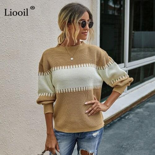 Liooil Autumn Winter Clothes Casual Knit Sweater Women 2020 Color Block Long Sleeve Turtleneck Womens Patchwork Pullovers