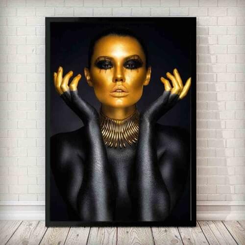 Black Gold Fashion Model Art Woman Oil Painting on Canvas Cuadros Posters and Prints Scandinavian Wall Pictures for Living Room