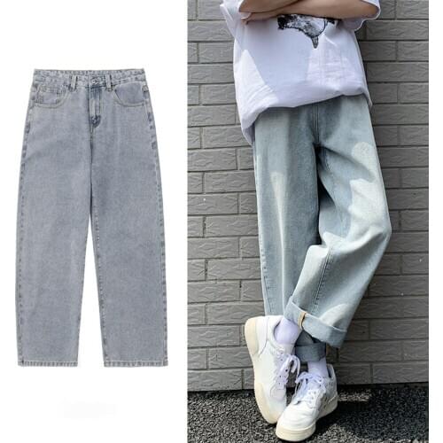 Wholesale Jeans Men Straight Loose Popular Korean Teenagers Student Ankle Length Pants Men Solid Denim Trousers