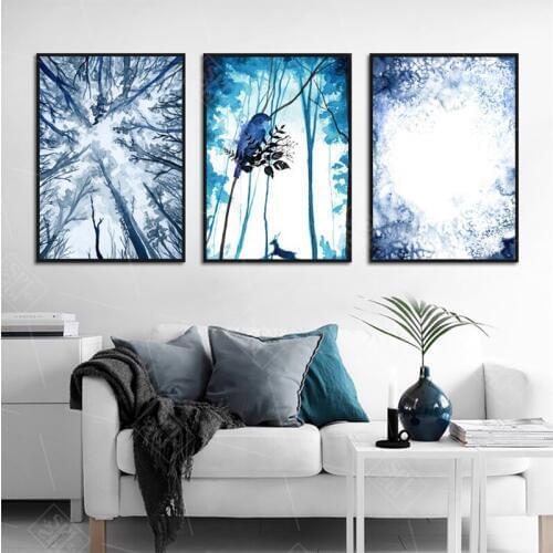 Unframed Wall Picture Abstract Canvas Art Print Painting Blue Background Home Decoration Ink Forest Landscape Poster for Bedroom