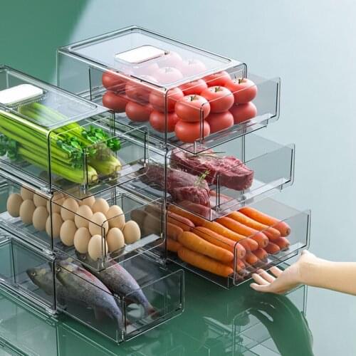 New Hot Food Storage Containers with Cover Refrigerator Drawer Stackable Kitchen Pantry Cabinet with Drainage Hole for Freezer