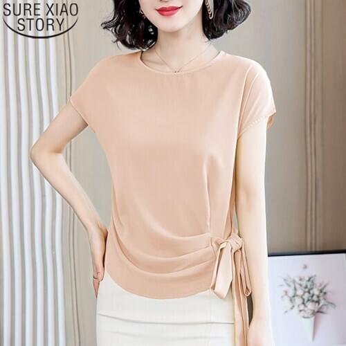 Office Lady Plus Size Summer Silk Short Sleeve Womens Tops and Blouses 2021 Blusas Mujer De Moda Solid Loose Lace Up Shirts 9899