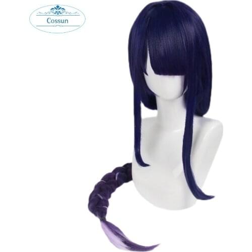 Raiden Shogun Cosplay Wig Game Genshin Impact Cosplay Long Braided Purple Blue Mix Heat Resistant Synthetic Hair Wigs + Wig Cap