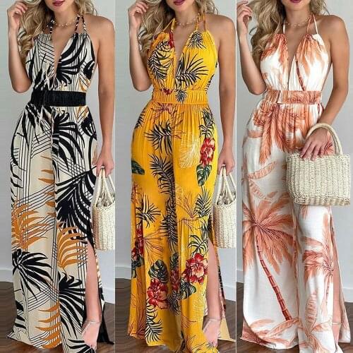 Beach jumpsuit V-neck OL open back sexy print split jumpsuit