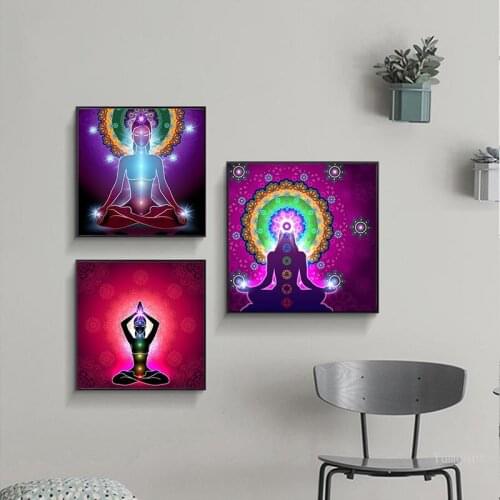 Portrait Canvas Art Poster Prints Indian Buddha Statue Meditation 7 Chakra Mandala Psychedelic Yoga Boho Wall Art Painting Decor