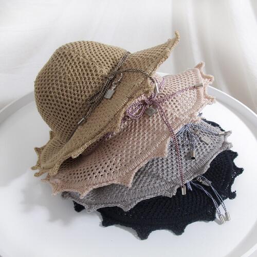 H7648 Girl Bucket Hat Spring Summer Sunscreen Fashion Knitted Fisherman Cap Women Korean Hollow Simple All-match Breathable Hats